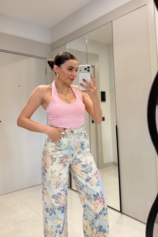 Leuven Pembe Halter Yaka Dilvin Crop