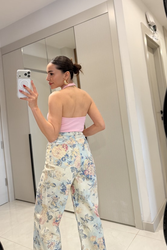 Leuven Pembe Halter Yaka Dilvin Crop