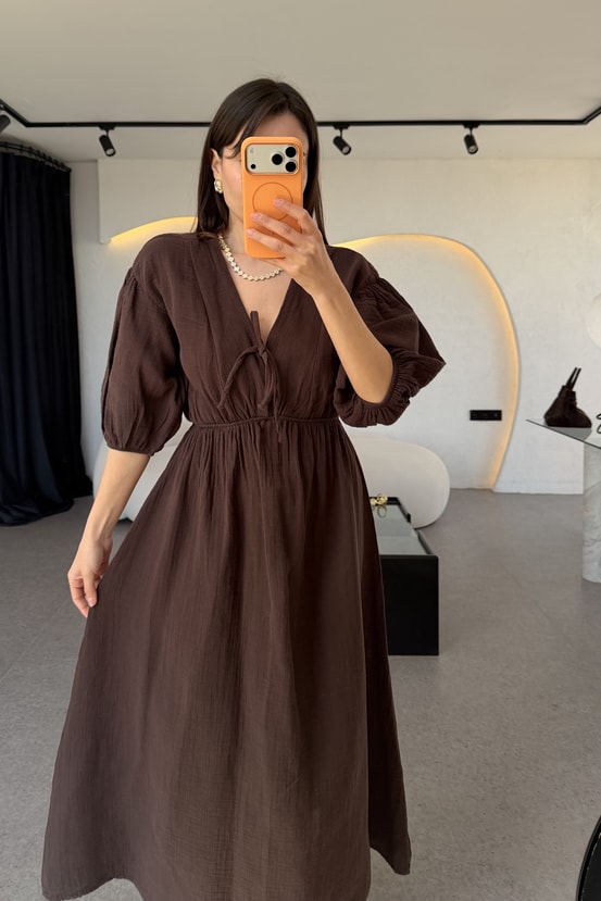 Leydia Kahve Müslin Çan Elbise