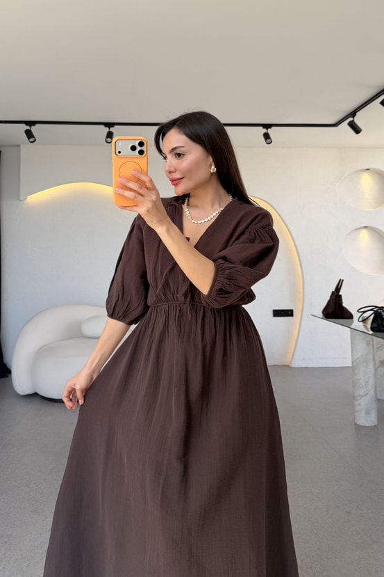 Leydia Kahve Müslin Çan Elbise
