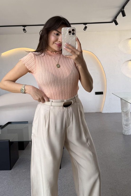 Lorena Kavuniçi Dik Yaka Fitilli Transparan Triko Bluz