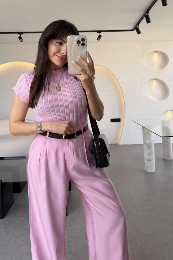 Lorena Pembe Dik Yaka Fitilli Transparan Triko Bluz