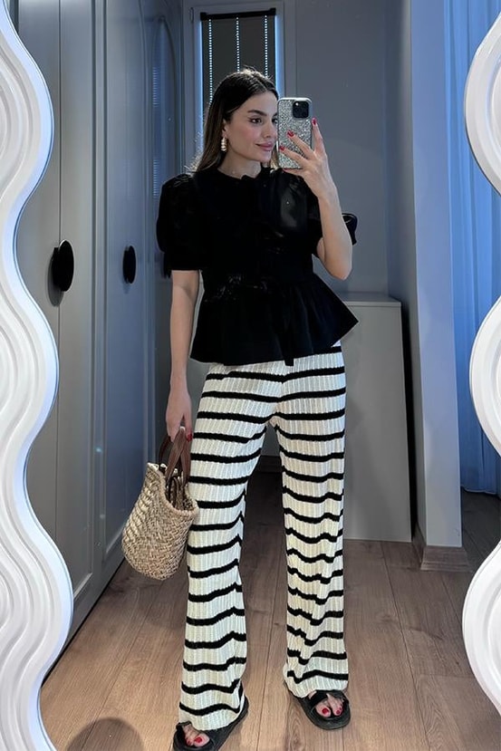 Loufers Çizgili Örme Pantolon
