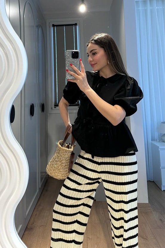 Loufers Çizgili Örme Pantolon