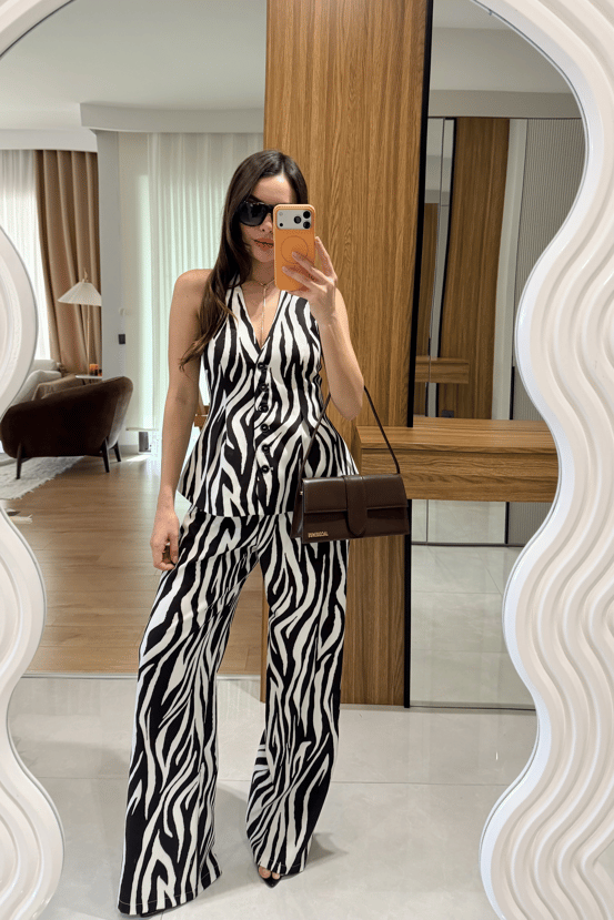 Lucette Kahve Zebra Desenli Palazzo Pantolon