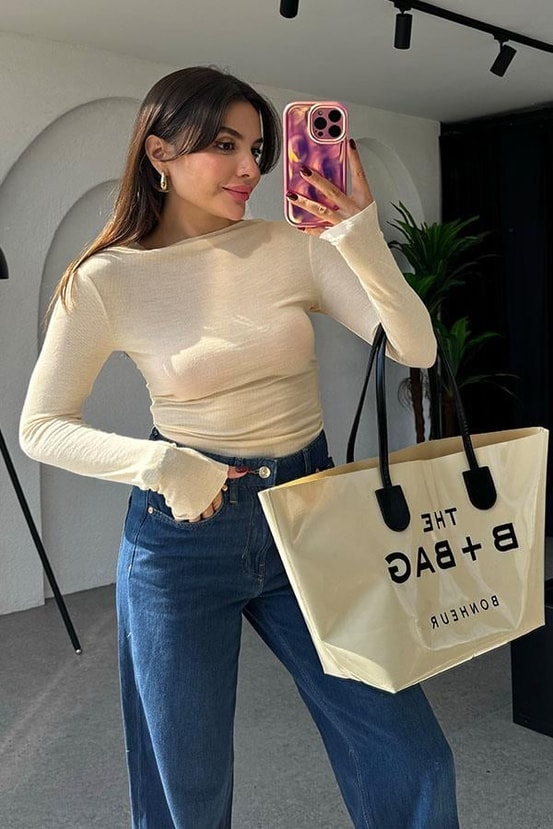 Mandes Uzun Kol Basic Krem Bluz