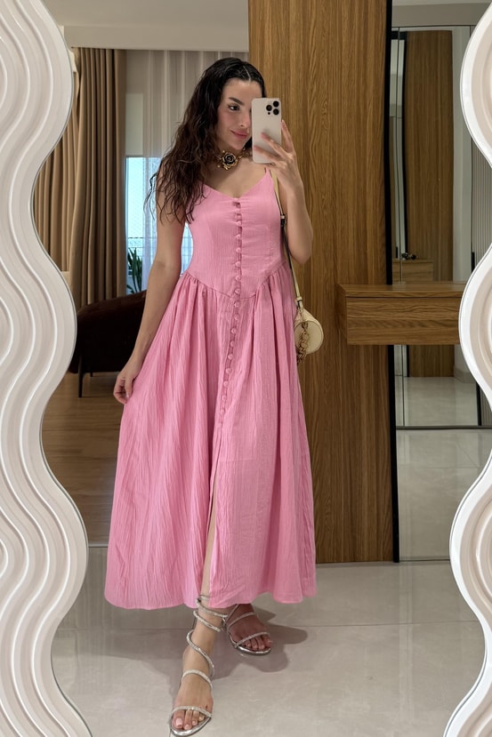Marlet Pembe Askılı Önü Düğmeli Elbise