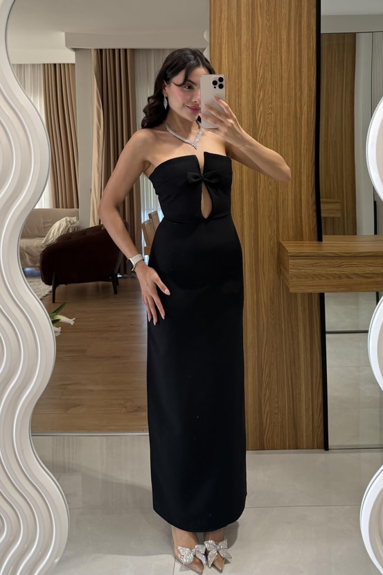 Marlowe Siyah Şık Fiyonklu Elbis