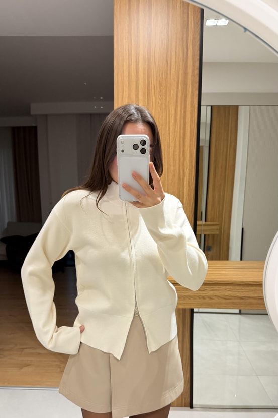 Mavren Ekru Fermuarlı Premium Triko Hırka