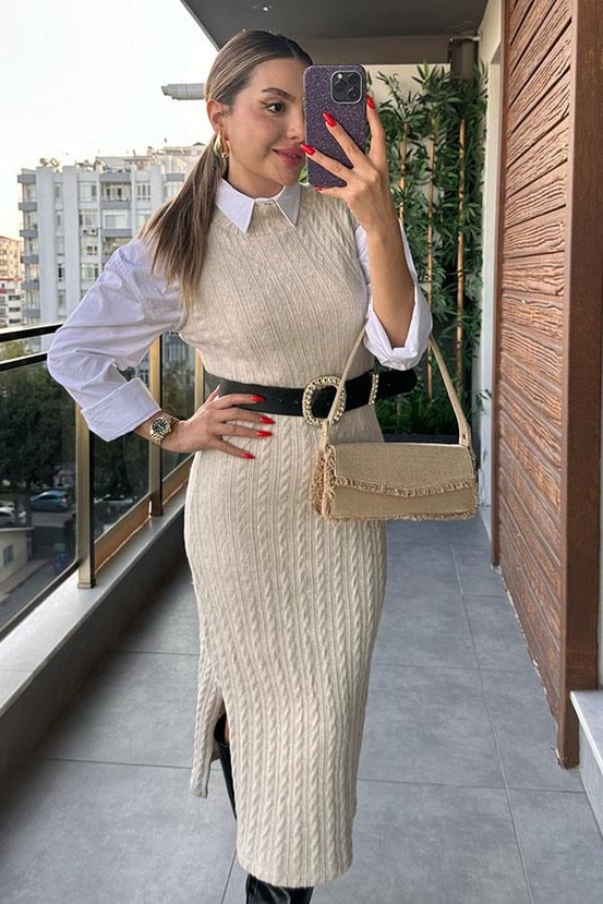 MD Örme Sıfır Kol Triko Elbise - Krem