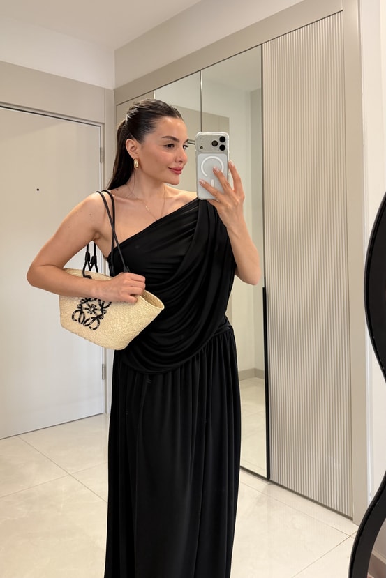 Melodie Siyah Drapeli Tek Omuz Elbise