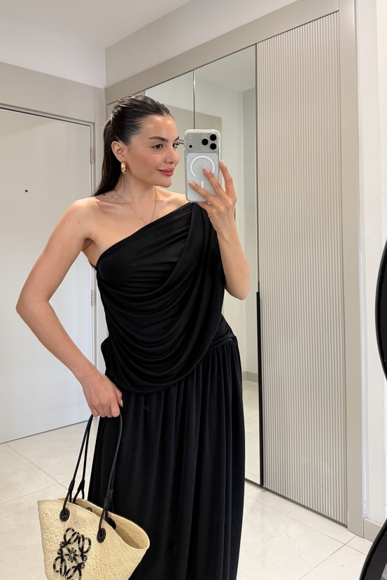 Melodie Siyah Drapeli Tek Omuz Elbise