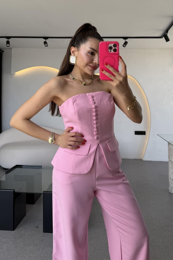 Michell Pembe Düğmeli Straplez Premium Takım