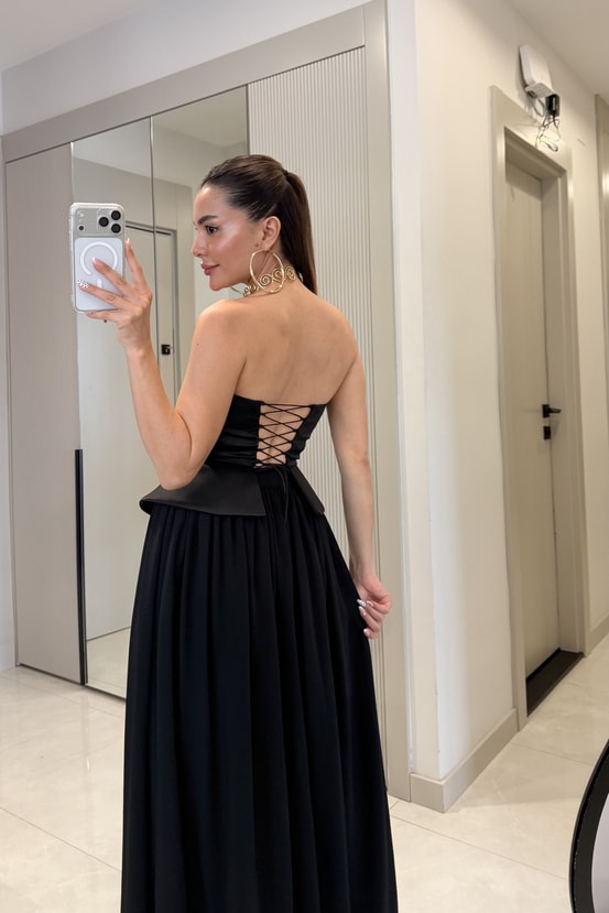 Mirena Siyah Saten Straplez Korse Büstiyer