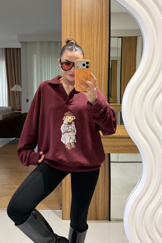 Monice Bordo Ayı Baskılı Şardonsuz Sweat 
