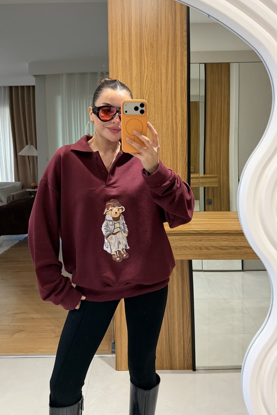 Monice Bordo Ayı Baskılı Şardonsuz Sweat 