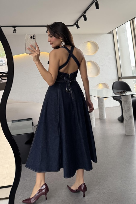 Moraes Denim Sırt Çapraz Midi Elbise