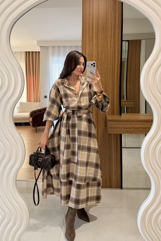 Mosselle Camel Ekose Kuşaklı Elbise