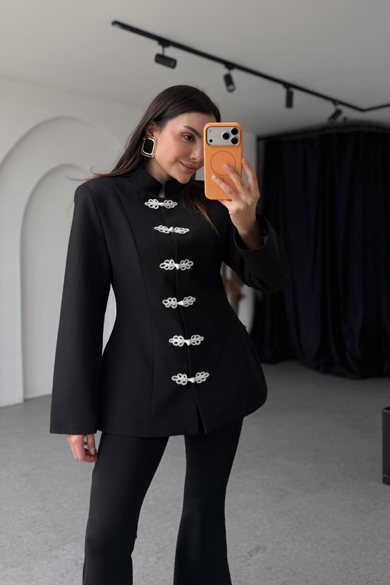 Napolyon Siyah Nakış Düğmeli Blazer Ceket