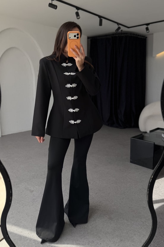 Napolyon Siyah Nakış Düğmeli Blazer Ceket
