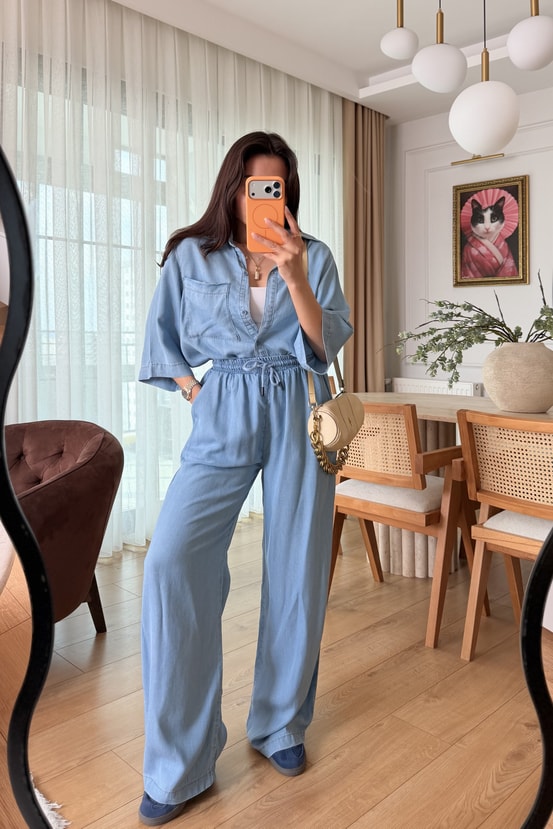 Nataly Lightblue Beli Lastikli Tensel Kot Takım
