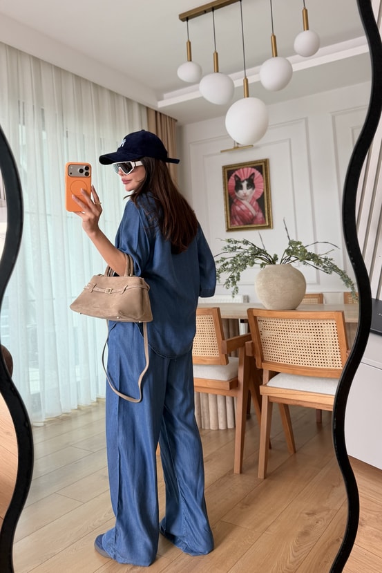 Nataly Midblue Beli Lastikli Tensel Kot Takım