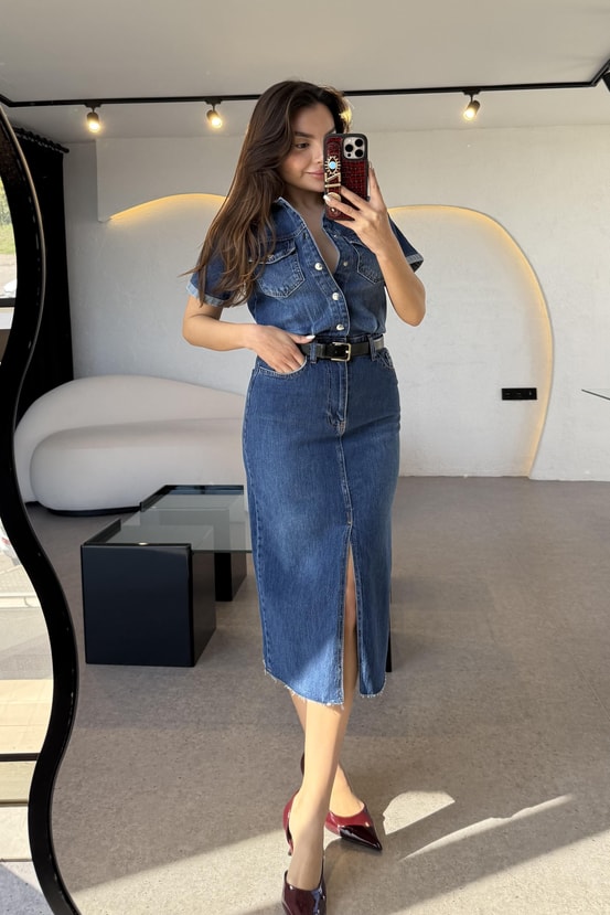 Novia Yarım Kollu Yırtmaçlı  Denim Elbise 