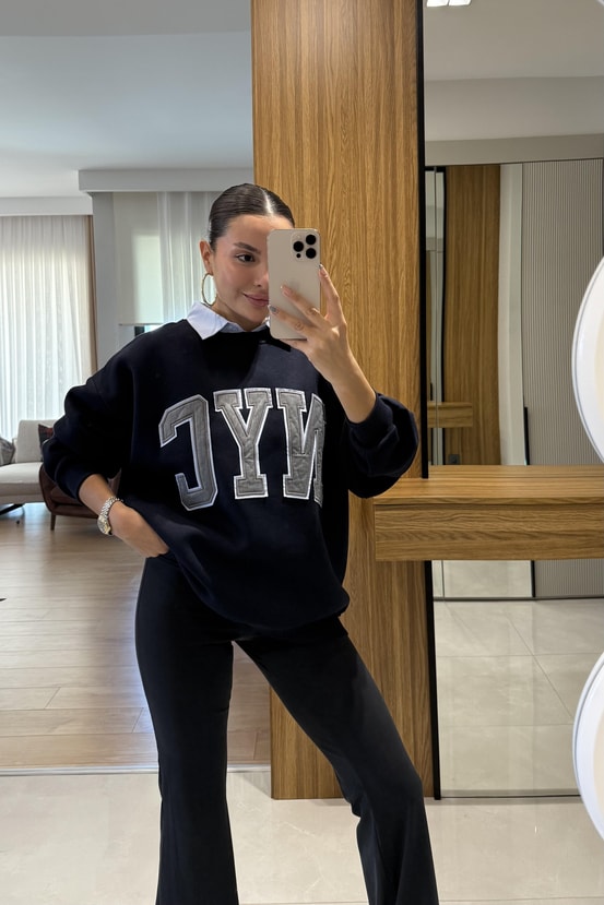 NYC Gömlek Yakalı Nakış Detaylı Oversize Sweatshirt Lacivert