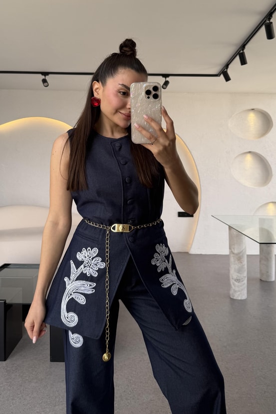 Olive Lacivert Nakışlı Denim Takım 