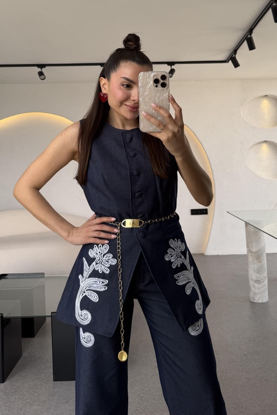 Olive Lacivert Nakışlı Denim Takım 