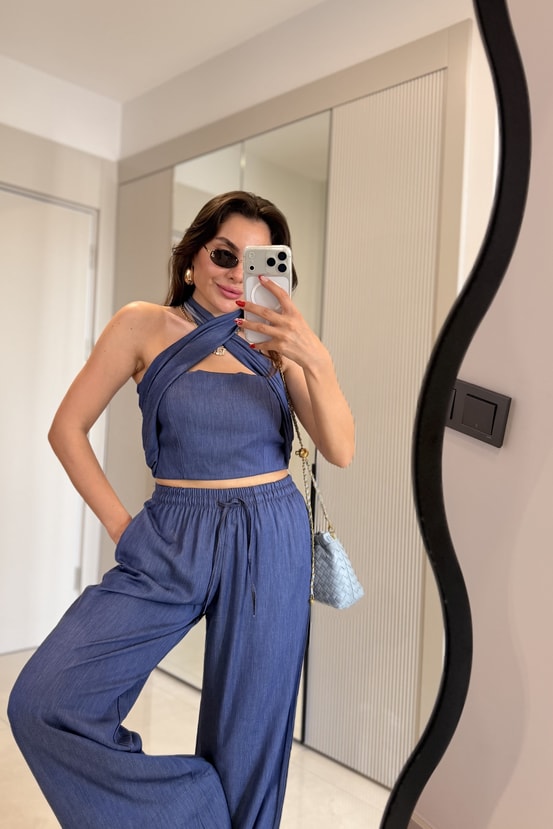 Ophira Lightblue Boyundan Bağlamalı Keten Takım