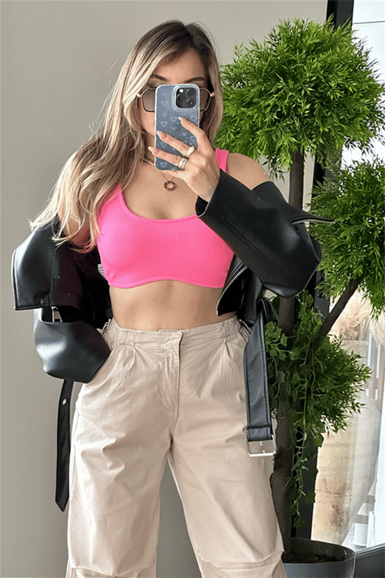 Pembe kalın askılı mini basic crop top