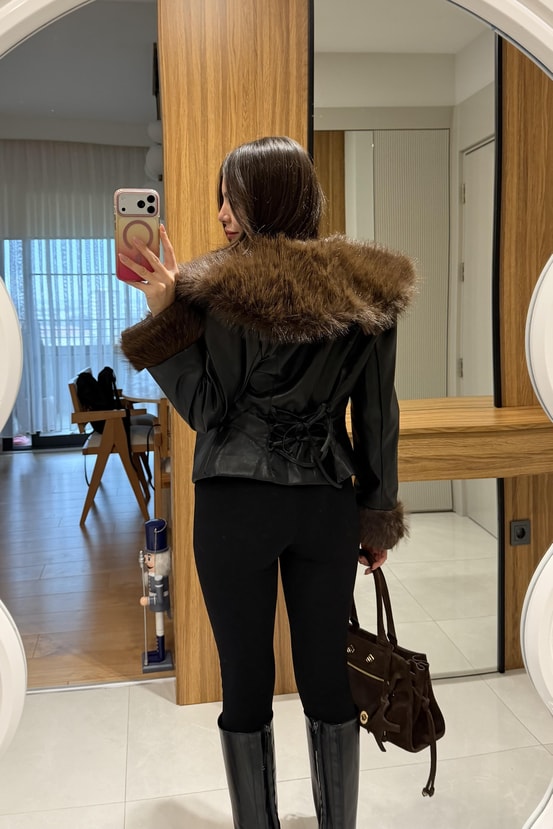 Perla Siyah Kürklü Deri Ceket