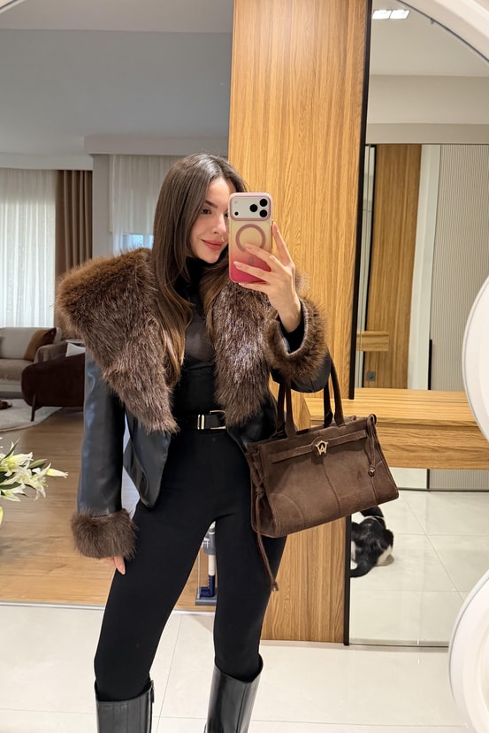 Perla Siyah Kürklü Deri Ceket