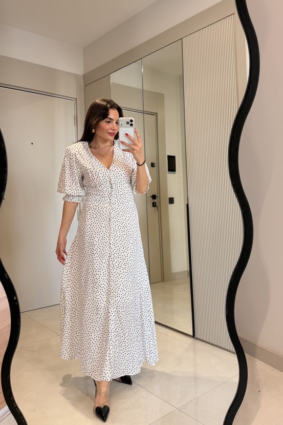 Pony Beyaz Komple Düğmeli Astarlı Maxi Elbise
