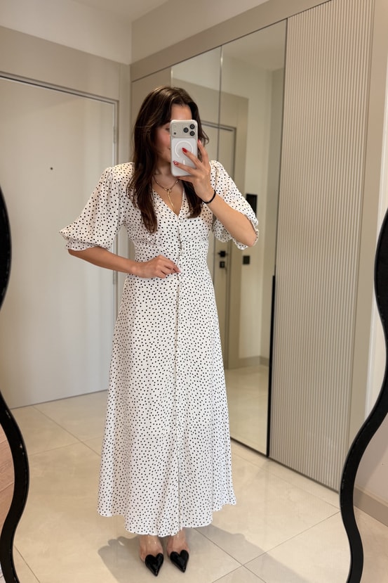 Pony Beyaz Komple Düğmeli Astarlı Maxi Elbise