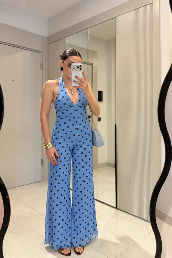 Priya Mavi V Yaka Sırt Dekolteli Tulum