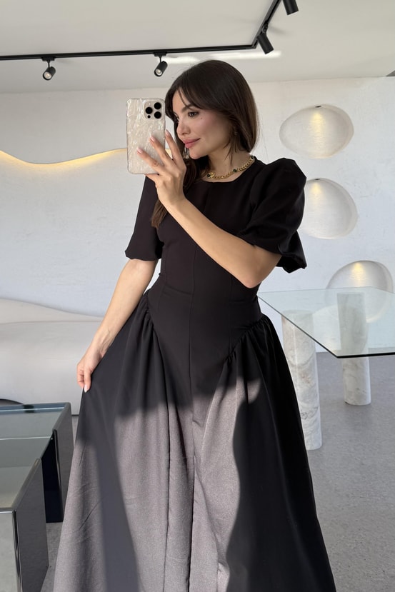 Pyura Siyah Balon Kol Korse Model Elbise
