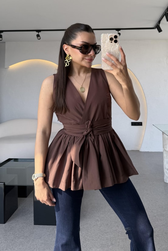 Redline Acı Kahve Bağlamalı Poplin Bluz