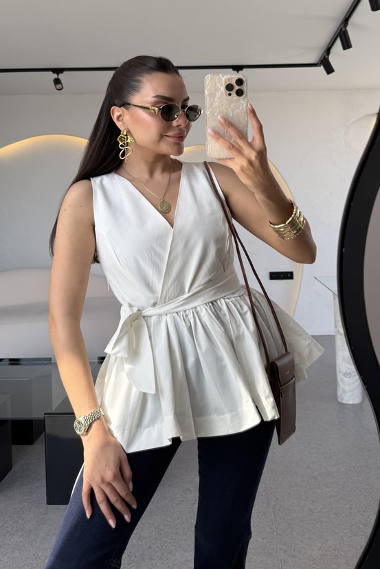 Redline Beyaz Bağlamalı Poplin Bluz