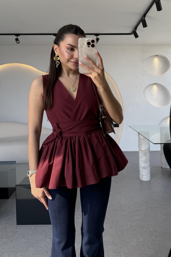 Redline Bordo Bağlamalı Poplin Bluz