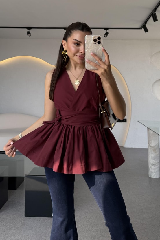 Redline Bordo Bağlamalı Poplin Bluz