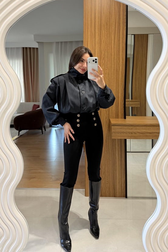 Rona Siyah Gold Düğmeli Tayt