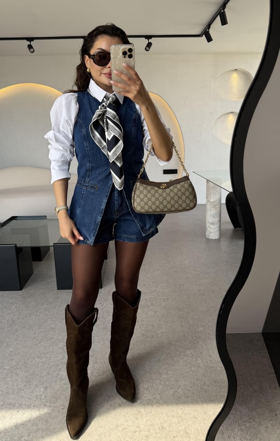 Rouje Denim Yelek Şort Takım