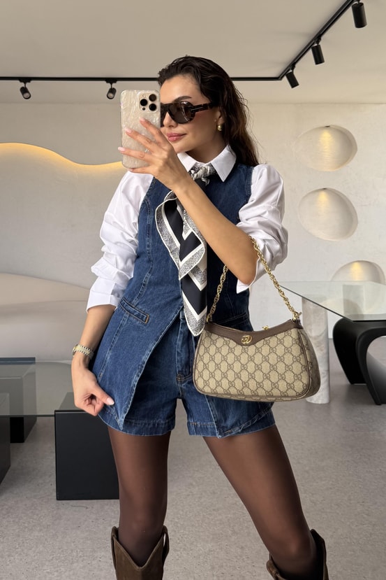 Rouje Denim Yelek Şort Takım