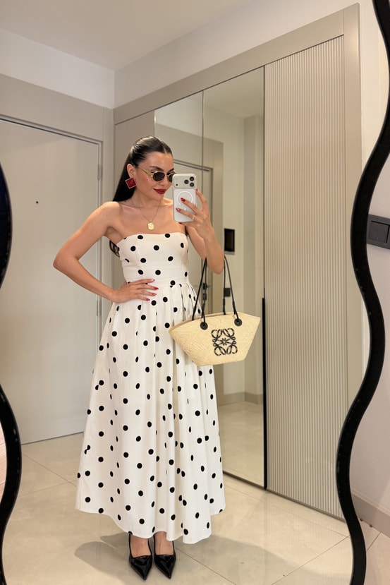 Ruby Puantiyeli Straplez Maxi Elbise
