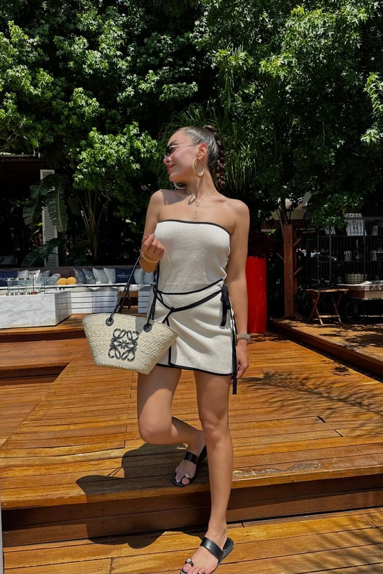 Samba Krem Çizgi Geçişli Basic Triko Elbise