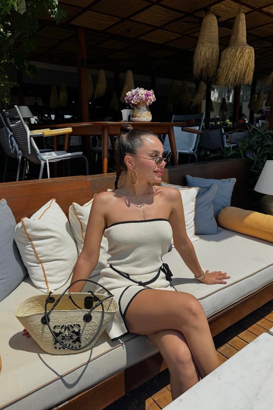 Samba Krem Çizgi Geçişli Basic Triko Elbise