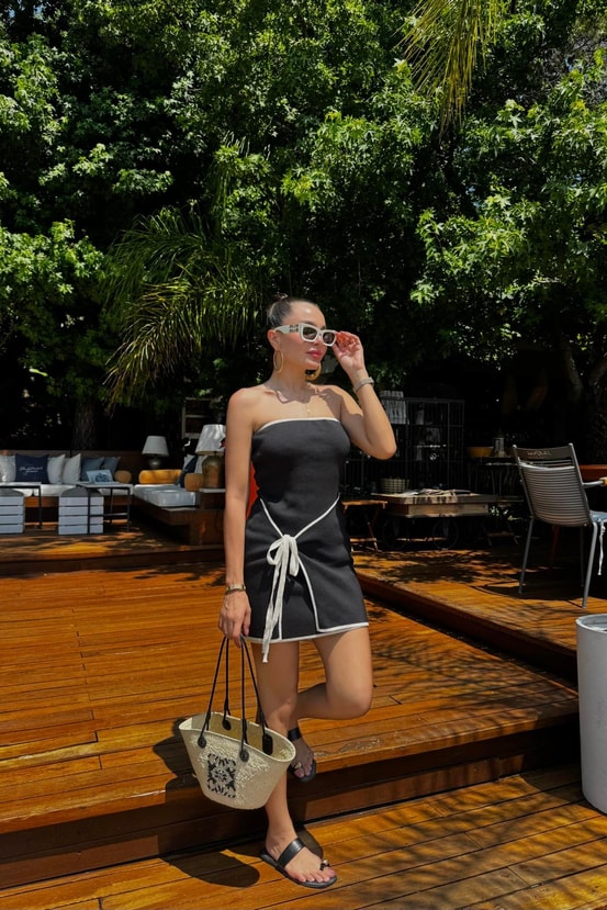 Samba Siyah Çizgi Geçişli Basic Triko Elbise