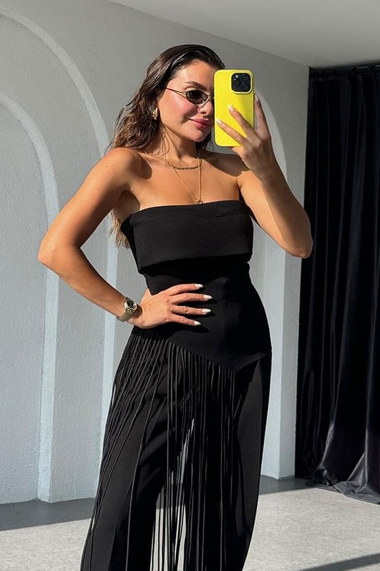 Sandy Straplez Verev Püsküllü Crop-Siyah